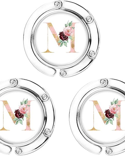 Iqimott 3pcs Personalized Initial Foldable Purse Hook for Table, Flower Letter Folding Handbag Hanger Portable Magnet Table Hook Holder, Collection Desk Purse Hooks for Women Bag (Pink-M)