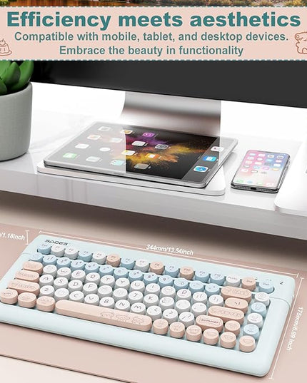 Wireless Bluetooth Keyboard for iPads Tablet Mac PC Laptop Desktop Smart Phone,Cute Typewriter Style Computer Keyboard with Round Raised Keys,Colorful Mini iPad Keyboard for Kids Girl Women-Cream Blue