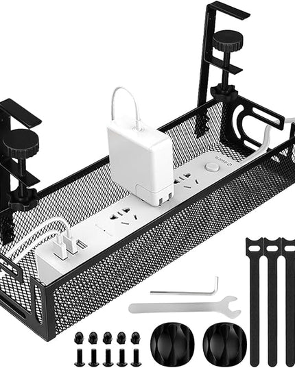 Under Desk Cable Management Tray, Cable Management Under Desk No Drill, Wire Management Tray with Clamp, Cord Organizer for Home Office, Black