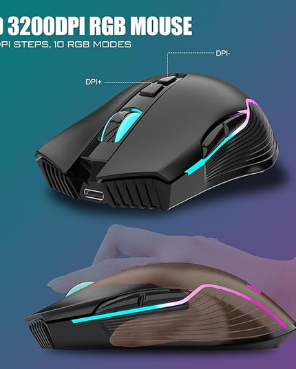 RedThunder K10 Wireless Gaming Keyboard and Mouse Combo, RGB Backlit Rechargeable 3800mAh Battery, Mechanical Feel Anti-ghosting Keyboard with Pudding Keycaps + 7D 3200DPI Mice for PC Gamer (Black)