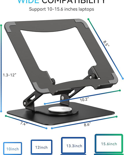 SOUNDANCE Laptop Stand with 360° Rotating Base, Ergonomic Computer Riser for Desk, Adjutable Height Muti-Angle, Foldable Laptop Mount, Stable Metal Holder Support 10-15.6" Notebook PC, Black