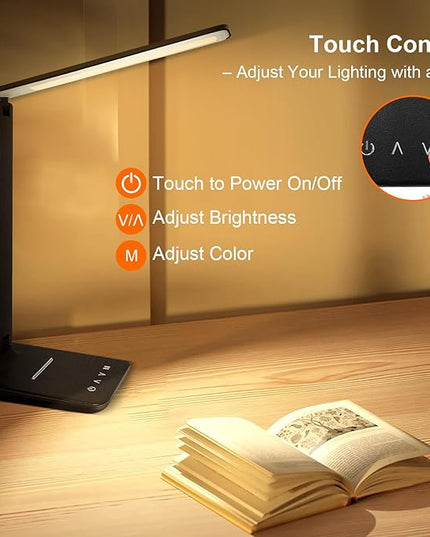 shinelife LED Desk Lamp for Office Home, Bright Desk Light with USB Charging Port, Adjustable Dimmable Desk Lamps 5 Modes 5 Brightness, Touch Study Lamp for Nail, Craft, Puzzle, Sewing, Study, Black