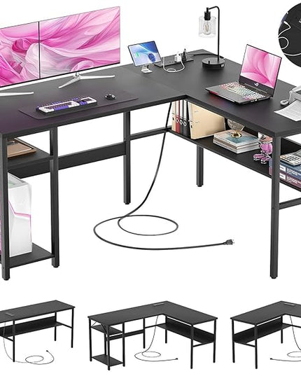 Reversible L Shaped Computer Desk with Power Outlets and USB Charging Ports, Sturdy Corner Desk with Storage Shelf, Modern Work Gaming Table for Home Office, Easy to Assemble, Black