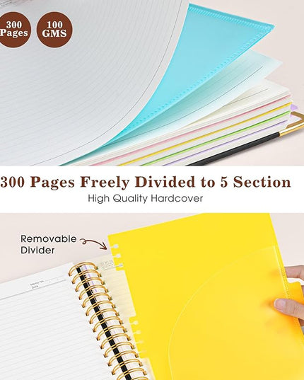 Hardcover Large Spiral Notebook 8.5" x 11" with Removable Dividers Tabs, 300 pages Leather 5 Subject Notebook College Ruled, A4 Journal for Women Men, Notebooks for Work School Note taking,Black