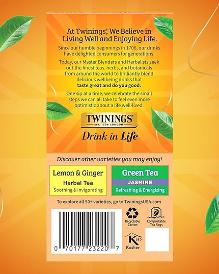Twinings Peach & Orange Herbal Tea Individually Wrapped Bags, 20 Count (Pack of 1), Juicy & Fruity, Naturally Caffeine-Free, Enjoy Hot or Iced, 20 Teabags