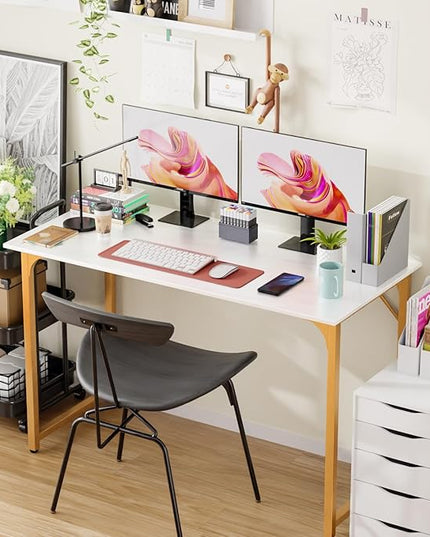 PayLessHere | 47 Inch Computer Desk | White Gold | Office Desk with Metal Frame, Adjustable Feet | Water-Resistant, Scratchproof Surface | Sturdy Writing Table for Home Office or Study | Pack of 1