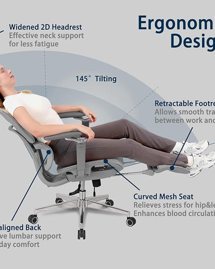 Big and Tall Ergonomic Office Chair with Footrest, 5D Adjustable Armrests, Lumbar Support, Mesh Reclining Swivel Chair for Home Office or Gaming, Adjustable Seat Depth, S3 Elite Pro Grey