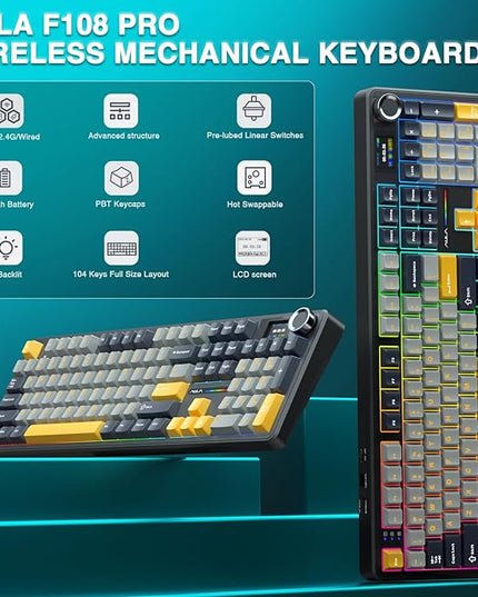 AULA F108 PRO - Wireless Mechanical Keyboard with Screen&Knob,Hot Swappable Gaming Keyboard with 8000mAh Battery,Pre-lubed Switches,RGB Backlit,PBT Keycaps Creamy Sounding Computer Keyboards,104 Keys