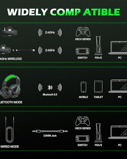 BINNUNE Wireless Gaming Headset for Xbox Series X/S, Xbox One, PS5, 120H Ultra-Long Battery, Bluetooth 5.3 Gaming Headphones with Noise-Canceling Mic, Comfortable Over-Ear Headphones,Green