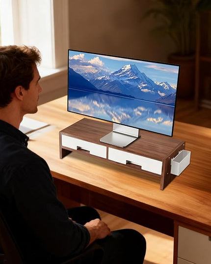Desk Monitor Stand Riser - Double Drawer Organizer, Ergonomic Adjustable Shelf, Durable Wooden Desktop | Space-Saving Computer Accessory for Home Office Study and Bedroom Setup