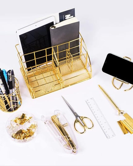 Gold Desk Organizers and Accessories Office Supplies Set Stapler, Pen Holder, Phone Holder, Scissors, Pen, Ruler, 30 Paper Clips, 22 Binder Clip, 20 Tacks and 1000pcs Staples (Gold)