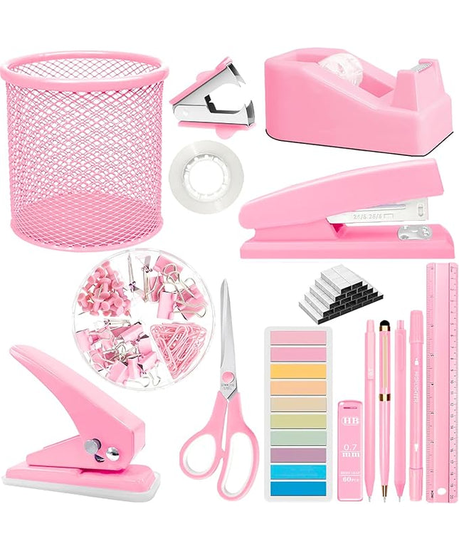 Pink Desk Accessories Set - 16 Pcs Pink Office Supplies with Stapler, Tape Dispenser, Pen Holder, Staple Remover, Hole Punch, Practical Aesthetics Desk Sets for Office, Home, School Women