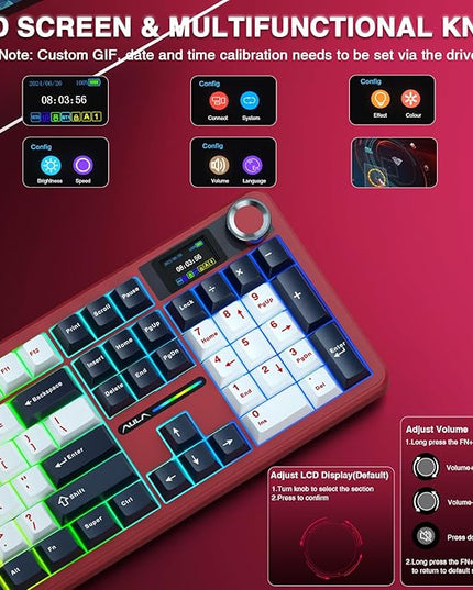 AULA F108 PRO - Wireless Mechanical Keyboard with Screen&Knob,Hot Swappable Gaming Keyboard with 8000mAh Battery,Pre-lubed Switches,RGB Backlit,PBT Keycaps Creamy Sounding Computer Keyboards,104 Keys