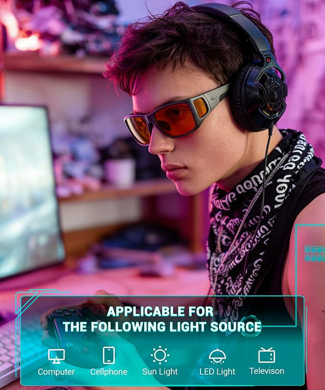 TIJN Sonia Sleep Glasses for Blue & Green Light Blocking,Red Lens with Dual AR Coating,Wraparound Frame for Gaming Screen