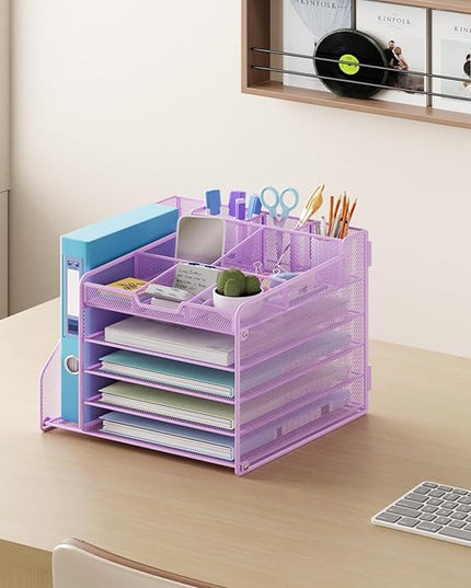 Lavatino 5-Tier Metal Mesh Desk Organizer with File Holder & 7 Customizable Compartments | Paper Letter Tray for Office or Home Desk Storage | Keep Workspace Supplies Neat & Organized, Purple