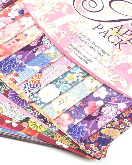 Origami Paper Kit 50 Sheets 70GSM 6 Inch Square Double Sided Color 50 Vivid Japanese Washi Chiyo Colors for Hand Crafts Origami Paper Arts Creativity.Japanese Sakuras