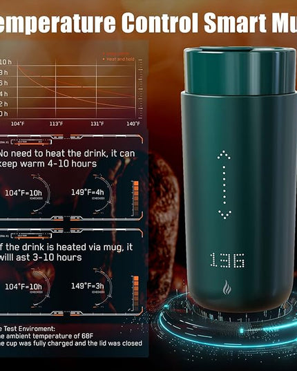 LEGARDLILIU Temperature Control Heated Coffee Mug Smart Self Heating Travel Mug 12 Oz App Controlled Warmer Mug 4-10 Hour LED Display Keep Coffee Hot Fast Wireless Charger Base Jade Green