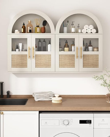 RUSTOWN Arched Bathroom Wall Cabinet, Rattan Medicine Cabinet with 2 Glass Doors, Farmhouse Over The Toilet Storage Cabinets with Adjustable Shelves, 3-Tier Wall Mounted Cabinets