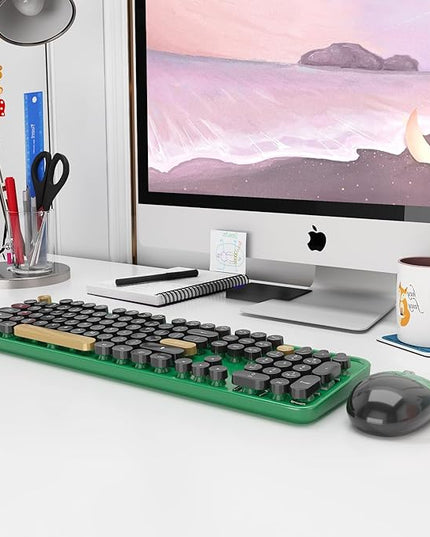 Kootop Wireless Keyboard,Cute Colorful 104 Keys Typewriter Retro Round Keycaps Keyboard for PC Laptop,Desktop,Windows, Home and Office Keyboards (Black Green)