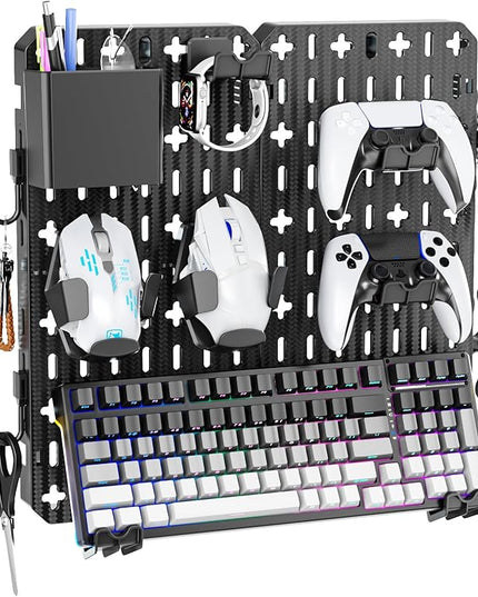 KDD Pegboard Combination Kit, Wall Mount Organization Peg Board with Mouse & Keyboard Holder, Pen Holder, Hooks, Headset & Controller Stand - Modular Hanging Organizer Accessories