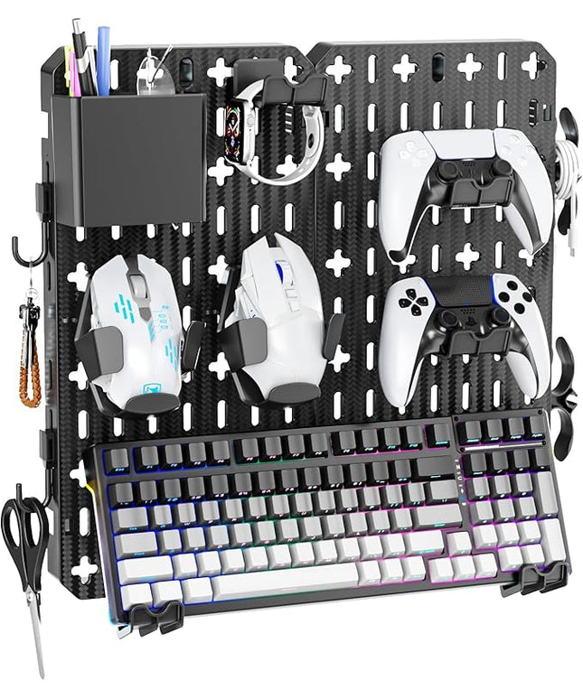 KDD Pegboard Combination Kit, Wall Mount Organization Peg Board with Mouse & Keyboard Holder, Pen Holder, Hooks, Headset & Controller Stand - Modular Hanging Organizer Accessories