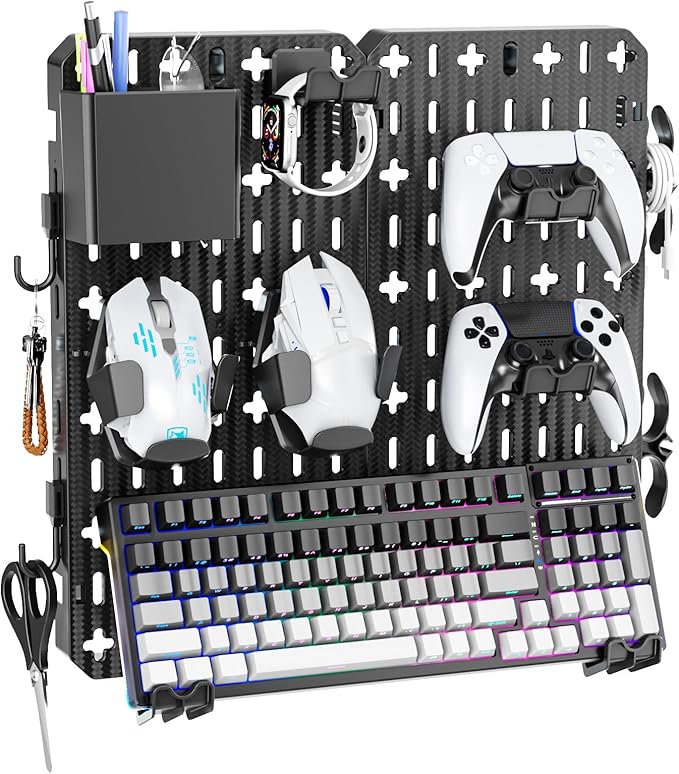 KDD Pegboard Combination Kit, Wall Mount Organization Peg Board with Mouse & Keyboard Holder, Pen Holder, Hooks, Headset & Controller Stand - Modular Hanging Organizer Accessories