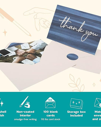 VNS Creations Thank You Cards With Envelopes Bulk Set & Stickers - 100 Pack 4x6 Blank Thank You Notes Bulk Box Set - Large Note Card Small Business, Wedding, Baby Shower & Bridal Shower - Ombré