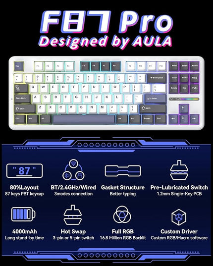 Aula F87 Pro Gaming Keyboard, Tri-Mode BT5.0/2.4GHz/USB-C Hot-Swappable RGB Wireless Mechanical Keyboard, Gasket Mount, 4000mAh, for Windows/Mac Gamer & Typists（LEOBOG Gray Wood Switch V4）