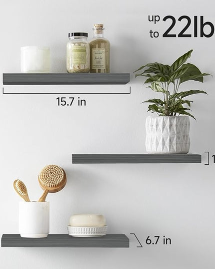 BAYKA Grey Floating Shelves for Wall, Wall Mounted Rustic Wood Shelves for Bathroom, Bedroom, Living Room, Kitchen,Small Hanging Shelf for Books/Storage/Room Decor (Set of 3, 15.7in)