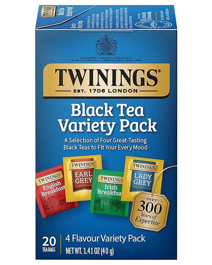 Twinings Variety Pack Black Tea Bags, 20 Count (Pack of 1), Includes English Breakfast, Earl Grey, Irish Breakfast, and Lady Grey, Caffeinated, Enjoy Hot or Iced, 20 Teabags