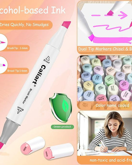 Caliart Pastel Alcohol Markers Brush Tip, 100 Colors Dual Tip Coloring Marker Pen Set Brush & Chisel, Art Supplies Gift for Adults Coloring Book Artists Sketch Drawing Illustration