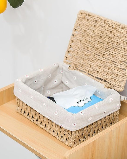 GIB Small Wicker Storage Baskets with Lids and Liner, Rectangular Paper Rope Woven Baskets for Organizing, Decorative Boxes Boho Decor for Shelves Table Desktop Makeup Organizer, Set of 3