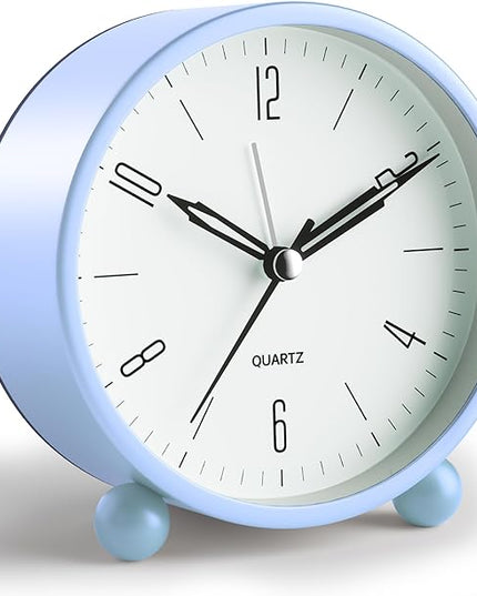 Analog Alarm Clock, 4 inch Super Silent Non Ticking Small Clock with Night Light, Battery Operated, Simple Design, Old fashioned Style SkyBlue decor, for Bedroom, Bedside, Desk, Adult, Kid, Gift, Blue