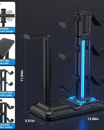KDD RGB Multi-Controller Holder with 9 Light Modes - Rotatable Universal Headphone Hanger - Controller Stand with 6 Detachable Hooks for Desktop Gamer Accessories