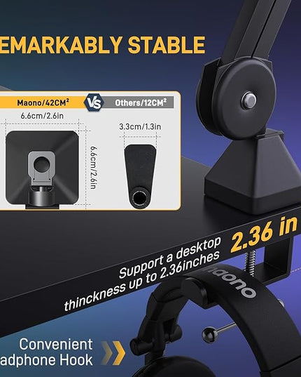 MAONO Microphone Boom Arm: Heavy Duty Adjustable Metal Suspension mic stand with Upgraded Desk Clamp and 3/8" to 5/8" Screw Adapter for Podcasting Recording Streaming Gaming - BA37