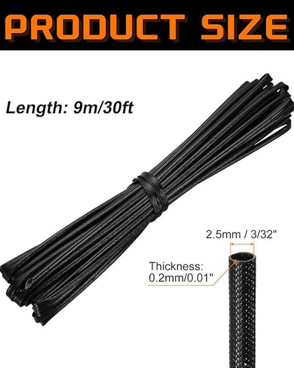 MECCANIXITY 30ft Braided Cable Sleeve, 3/32" ID 200C High Temperature 1500V Fiberglass Wire Insulation Cord Protector Organizer Wires Management for Motor Engine Fuel Line, Black
