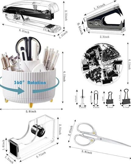 Desk Organizers and Accessories Set with 360-Degree Rotating Pen Holder, Acrylic Stapler, Tape Holder, Staple Remover, Binder/Paper Clips Kit, Scissor and 1 Box of Staples