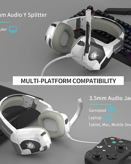 PHOINIKAS Gaming Headset for PS4, Xbox One, PC, Laptop, Mac, Nintendo Switch, 3.5MM PS4 Stereo Headset Over Ear Headphones with Noise-Cancelling Mic, Bass Surround - Camo