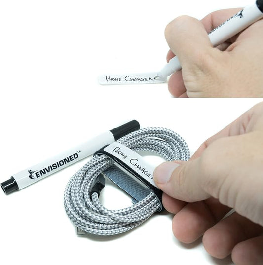 Replacement Cable Tags 1/2" x 2" White Labels Writable 50 Pack for Use on All Types of Hook and Loop Cable Ties and Most Types of Velour Fabric Material - Includes Bonus Permanent Marker