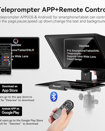 Desview P13 Portable Teleprompter for Camera Compatible with 12.9" Tablets Wireless Remote Control Foldable Sun Hood Lightweight (1.7kg) for Video Recording Vlogging Live Streaming