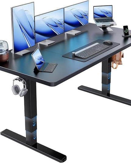 HUANUO 60x30 Inch 3-Stage Legs Electric Standing Desk, Large Height Adjustable Office Desk with Brushless Motor, Stand Up Desk with 4 Memory Presets & 2 Hooks, Computer Desk for Home Office, Black