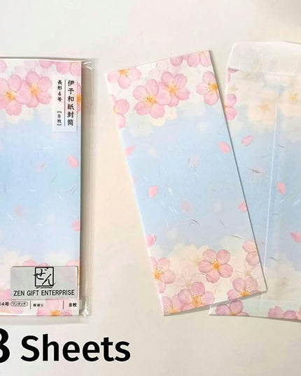 Japanese Cherry Blossom Envelopes 8 Pack, Made in Japan, (Blue Sky), Elegant Washi Paper, Self Sealing, Sakura
