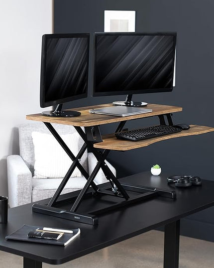 VIVO 36 inch Desk Converter, K Series, Height Adjustable Sit to Stand Riser, Dual Monitor and Laptop Workstation with Wide Keyboard Tray, Reclaimed Wood Top, Black Frame, DESK-V036KP