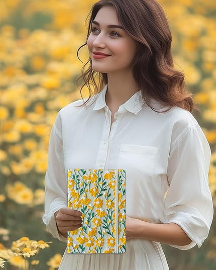Daisy Gift, Flower Journal, Embroidered Notebook, Beautiful Journals for Women, 8"x6", Hardcover, Lay Flat, A5, Lined Paper, Wide Ruled Page, Writing Journal, Yellow Daisy, with Elastic Band