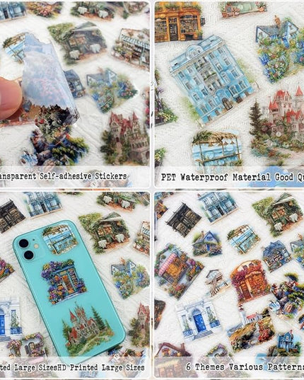 Dwpetzo 6 Pack 180Pcs Nature Scenery Tree House Cottage Castle Manor Scene Stickers for Journaling, Transparent PET Stickers for Scrapbooking, Junk Journal Supplies, Bujo, Collage