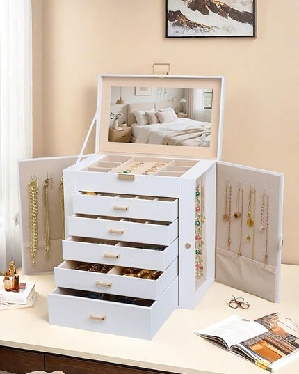BOOVO Jewelry Box For women, 6 Layer Large Jewelry Organizer With Mirror, Multi-Function Storage Box With Lock, Necklace Holder With 5 Drawers, For Earrings Necklace Bracelet (White and Gold)