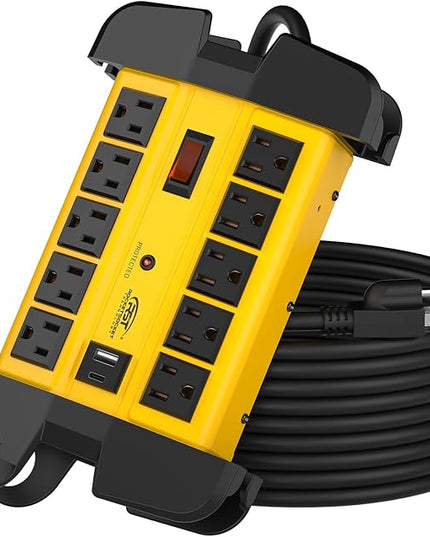 CRST Heavy Duty Power Strip with USB (3.1A),10-Outlet Metal Surge Protector Power Strip with 15FT Cord(2800J),15A Circuit Breaker, Wall Mount, ETL Listed