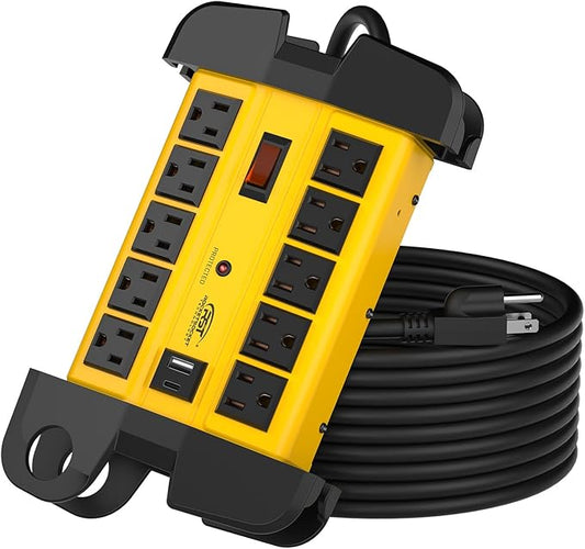 CRST Heavy Duty Power Strip with USB (3.1A),10-Outlet Metal Surge Protector Power Strip with 15FT Cord(2800J),15A Circuit Breaker, Wall Mount, ETL Listed