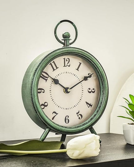 MACVAD EMAX Home Vintage Green Rustic Retro Table Clock, Silent Non-Ticking, Battery Operated, 10.5"H, 7.28"W, Green Dial, Tabletop, Indoor, Kitchen