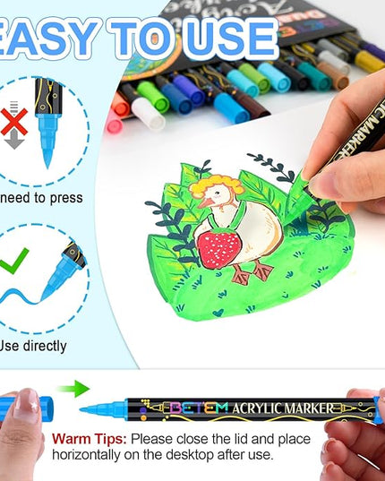 Betem Acrylic Paint Markers, Dual Tip 24 Colors Acrylic Paint Pens with Brush Tip and Fine Point, Art Supplies for Rock, Wood, Canvas, Stone, Glass, Ceramic, Rock Painting Christmas Gift